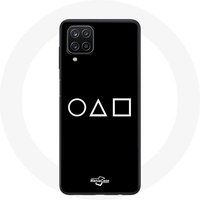 Maniacase Hoesje voor Samsung Galaxy A12 Inktvis Game logo symbolen cirkel vierkant driehoek Zwarte achtergrond