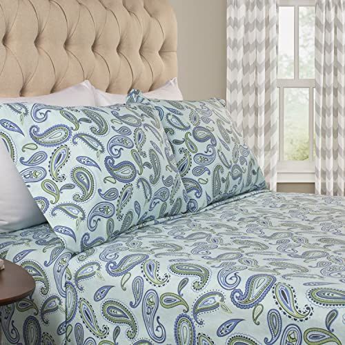 Premium Flannel Sheet Set - 100% Brushed Cotton - Deep Pocket - Light Blue Paisley - Queen