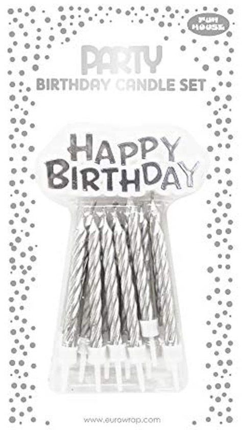 Merkloos / Sans marque Clairefontaine Set van 12 kaarsen en kaarsenhouders met 'Happy Birthday' houder - Zilverkleurig