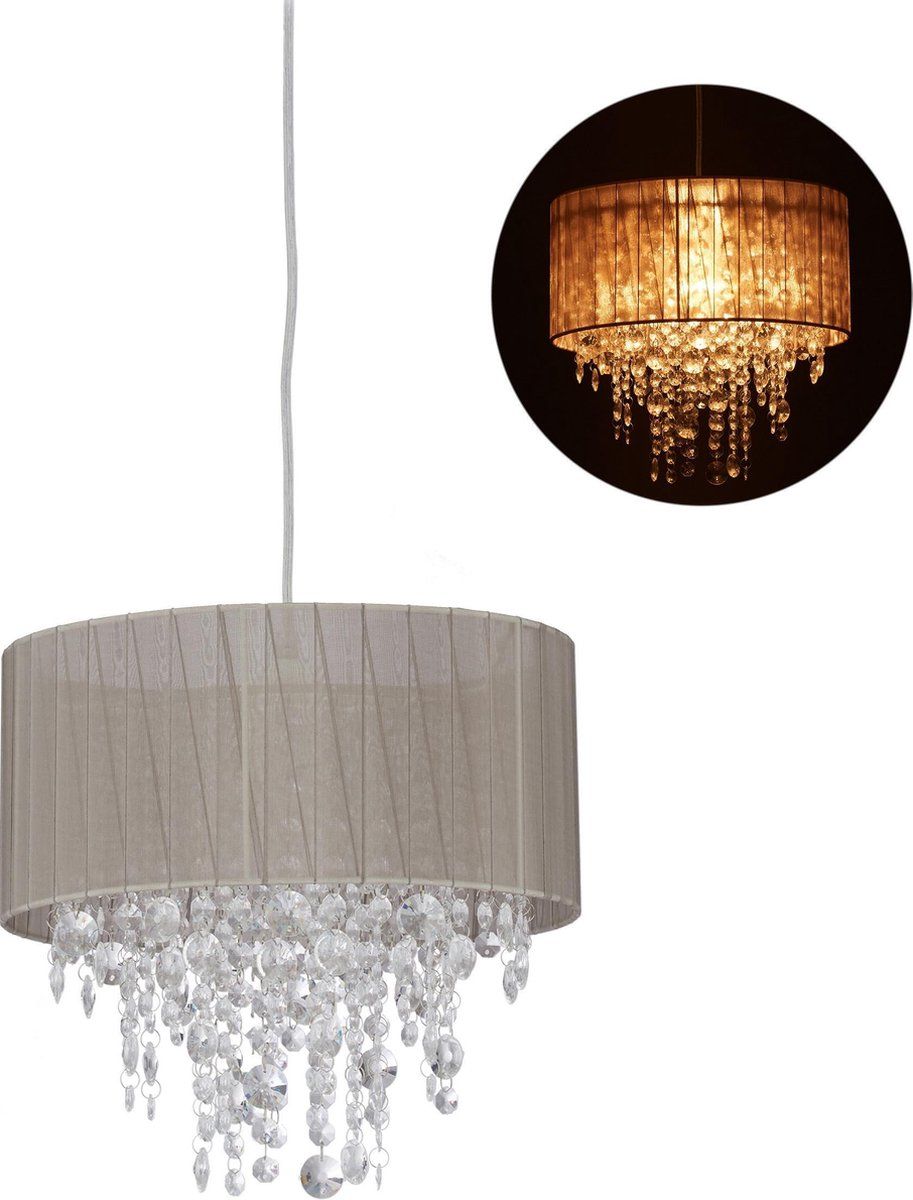 Relaxdays hanglamp kristal - E27 - plafondlamp - grijs - organza - schemerlamp - stof