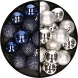 Merkloos / Sans marque Billiet - Vanlaere Kerstballen 36x stuks - 3 en 4 cm - donkerblauw en zilver - kunststof