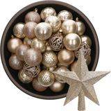 Decoris Boules de Noël - 37x pièces - 6 cm - avec étoile de sommet - champagne - plastique