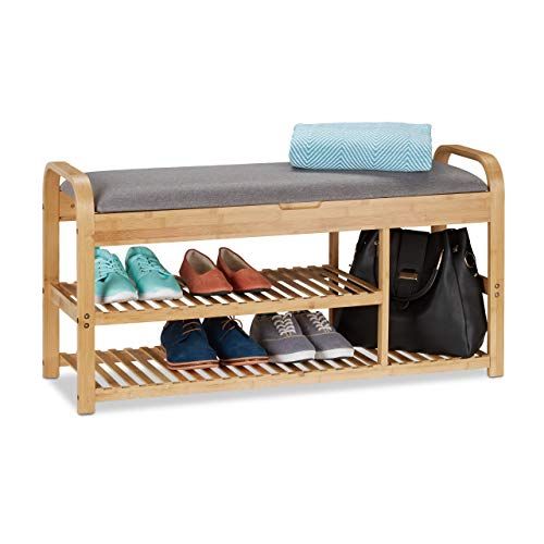 Relaxdays Schoenbank met zitting - Opbergruimte - Kussen - Hal - Bamboe - Grijs/Naturel - 100.5 x 33 x 50 cm