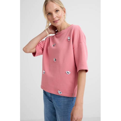 JANSEN Amsterdam gebloemde sweater roze met pailletten