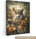 OneMillionCanvasses Canvas schilderij 120x160 cm - Uil - Vogels - Bloemen - Natuur - Wanddecoratie