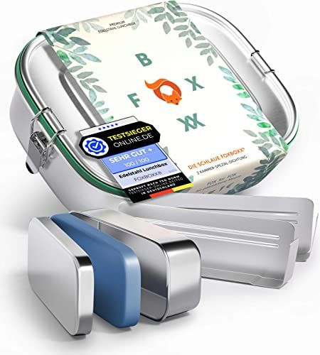 FOXBOXX FOXBOXX® Roestvrij stalen broodtrommel, mini 800 ml, speciale mini-doos, 150 ml, 2 deksels, 5 decoratieve verfringen + reserveafdichting + 2 scheidingswanden = 3 vakken/kinderen