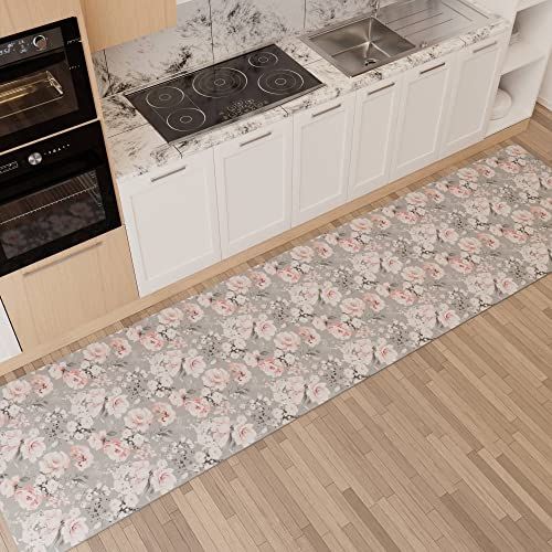 PETTI Artigiani Italiani - Keuken tapijt - 52 x 140 cm - Bloemenpatroon - Grijs - Antislip en wasbaar - Made in Italy