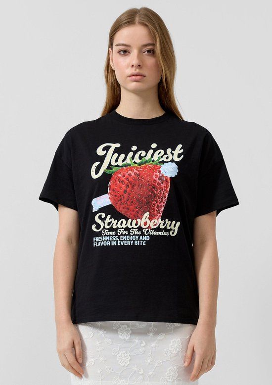 QS s.Oliver QS T-Shirt Zwart Katoen Korte Mouw Ronde Hals Printopdruk Aansluitend Casual Dames S