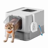 Songmics Feandrea Gesloten kattenbak, toilet, uitneembare bak, schep, borstel, voor grote katten, capaciteit 15 kg, anti-vingerafdruk, lekvrij, lichtgrijs en duifgrijs PPT001GD03