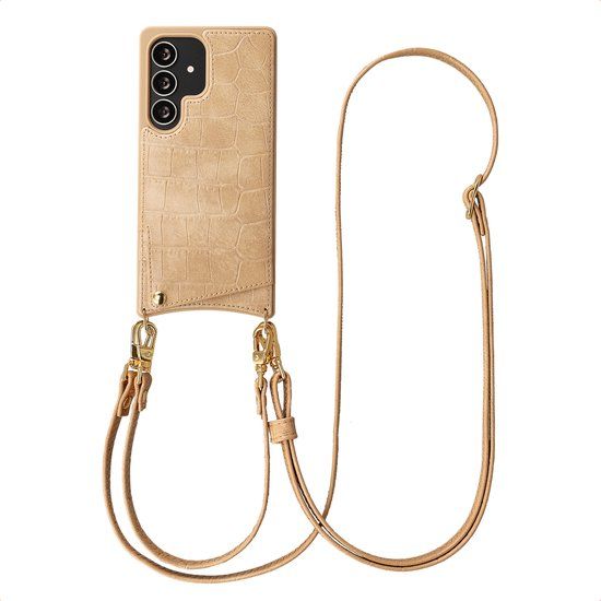 Selencia Hoesje - Geschikt voor Samsung Galaxy S25 Ultra - Croco Backcover met koord en pashouder - Toasted Almond