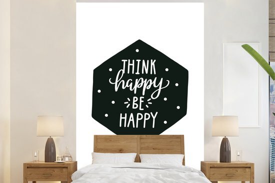 Nr1Wallpaper Behang - Fotobehang Kinderillustratie van een zeshoek met de quote Think happy be happy - Breedte 225 cm x hoogte 350 cm