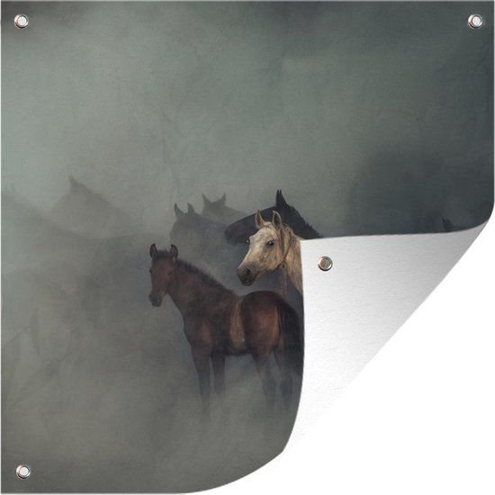 GreatGardenPosters Tuindoek Paarden - Mist - Kudde - 100x100 cm