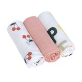 LÄSSIG Baby Mulldoek, spuugdoek, inbakerdoek, 3-delige set, katoen, 80 x 80 cm, Heavenly Soft Swaddle L Happy Fruit Cherry