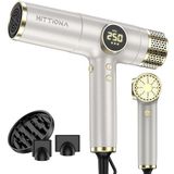 HITTIONA Ionen-haardroger, föhn met magneetdiffuser voor thuis en op reis | 110.000 rpm borstelloze motor voor snel drogen, led-display, 200 miljoen ionen, dubbele spanning, geschikt voor alle