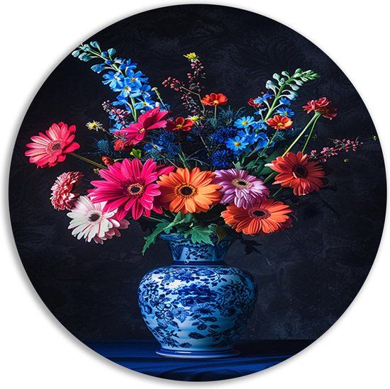 Merkloos / Sans marque Bloemen Muurcirkel - Forex - 40x40 cm - Modern - Blauw/Rood/Wit/Oranje/Roze