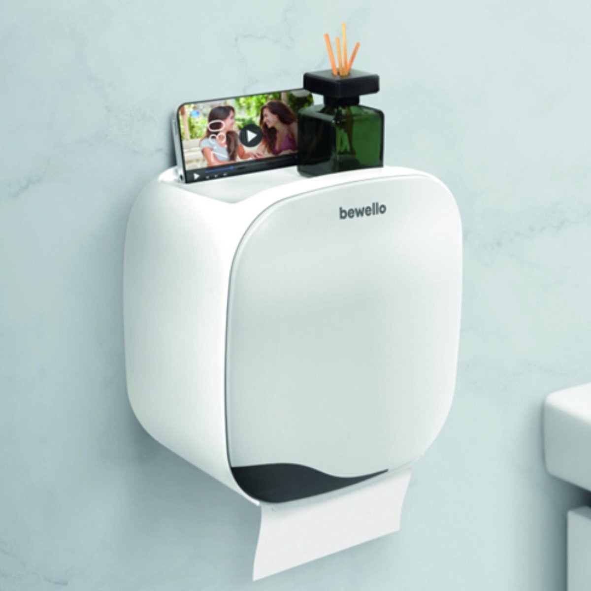 Bewello Bewello® - WC Rolhouder - Toiletrolhouder - Zelfklevend WC Kastje - Wit met Grijs - 200 x 130 x 205 mm