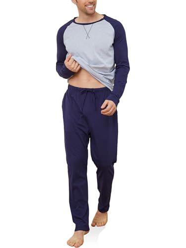 Reliwel Lange herenpyjama van katoen, tweedelig, lange mouwen en pyjamabroek met zakken, licht, zacht, Navy Blauw