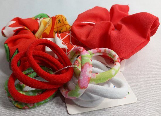 Scrunchies Set - 2 Scrunchies & 10 Hair Ties - Red Print - Girls - Gift Idea!