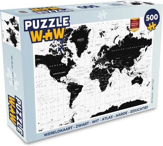 MuchoWow Puzzel Wereldkaart - Zwart - Wit - Atlas - Aarde - Educatief - Legpuzzel - Puzzel 500 stukjes - Sinterklaas cadeautjes - Sinterklaas voor grote kinderen