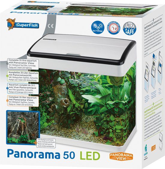 SuperFish Panorama Aquarium - 50L - Wit - 45.5x29.5x45.5 cm - Incl. LED verlichting & pomp
