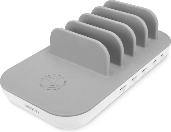 DIGITUS DA-10083 USB laadstation met 6 poorten Met PD 3.0 en QI Wireless Charging Pad, Wit