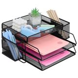 Ideallife Stapelbare Metalen Brievenbak, Zwarte Bureau-organizer met 2 Documentenbakken en 2 Penhouders, Gaas Bureau-lade voor A4-documenten, Kantoorarchivering, Postmanden