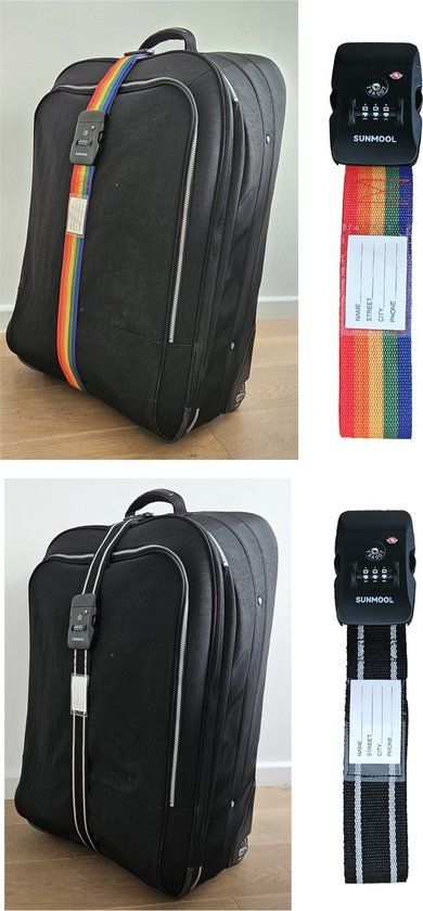 SUNMOOL Kofferriem met TSA Cijfer Slot - Bagage Riem - Luggage Strap - 200 cm - Regenboog & Zwart - 2 Stuks