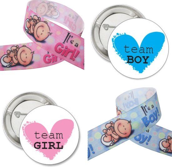 24-delige Genderreveal set Team Boy or Girl met buttons en armbanden - genderreveal - babyshower