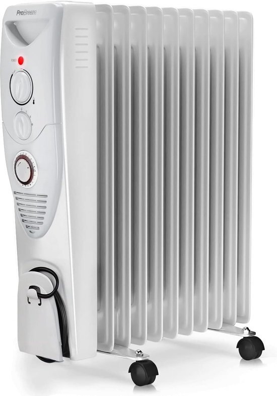 Pro Breeze 2500W Oliegevulde Radiator, 11 Ribben - Draagbare Elektronische Verwarming- Ingebouwde Timer, 3 Verwarmingsinstellingen, Thermostaat en Veiligheidsuitschakeling