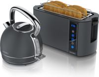 Arendo ontbijtset, 2-delig, bestaande uit: Waterkoker VINTAGE, 1,7 liter, 2200W, LED-temperatuurindicator en Toaster FRUKOST, 1500W, geschikt voor 4 sneetjes brood, kleur: cool grijs