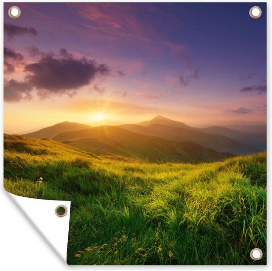 GreatGardenPosters Tuinposter - Bergen - Gras - Zonsondergang - 100x100 cm - Tuinschilderij - Tuindoek