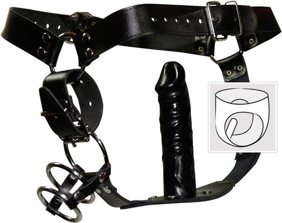 ZADO - Leren Bondage String met 3 Penis Ringen en Anale Dildo - Zwart - L/XL