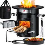Merkloos Rocket Stove met Gietijzeren Grillpan en Draagtas - Ideaal voor Camping en BBQ