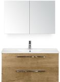 BES LED Seville Badmeubelset 100 cm - Natuur Eiken - Keramische Wastafel Wit Enjoy met Spiegelkast