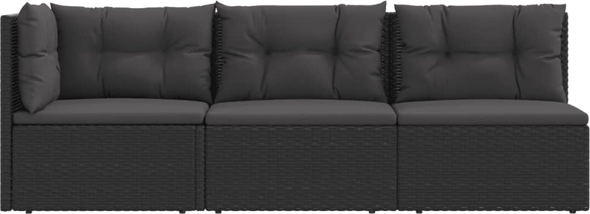 vidaXL 3-delige Loungeset met kussens poly rattan zwart