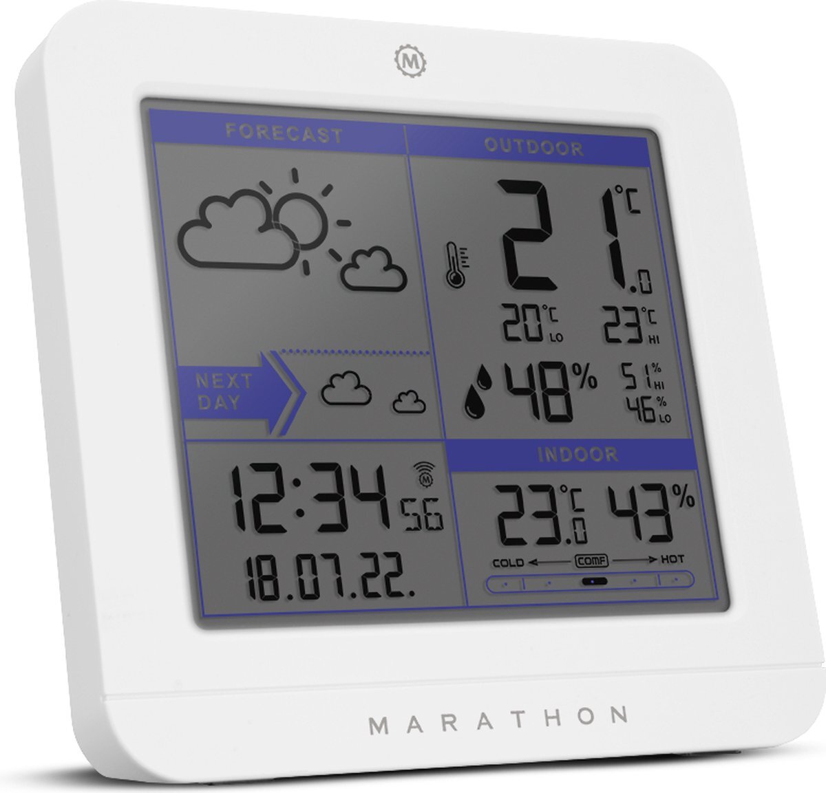 Marathon Marathon- Paris- Weerstation- Binnen-en buitentemperatuur- Binnen-en buitenvochtigheidsgraad- Comfortindicator- Geleverd met thermo-hygrosensor-Wit- Proudly Canadian