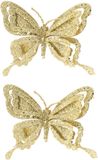 Merkloos Kerstboomversiering Vlinder - 6x - 14 cm - goud glitter - op clip - ornament