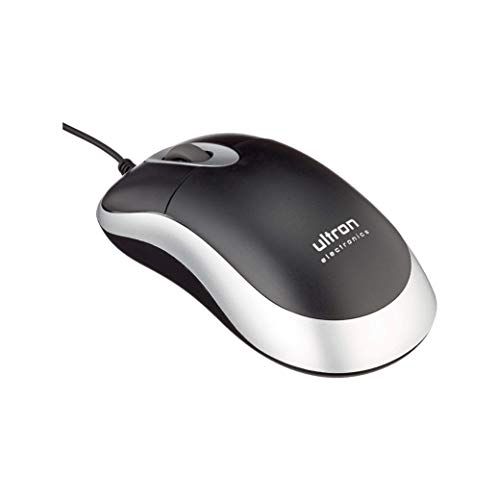 Ultron UM-100 muis met kabel, USB-aansluiting, 800 DPI optische sensor, 3 toetsen, scrollwiel, voor links- en rechtshandigen, PC/Mac - zwart zilver