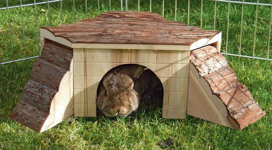 Kerbl Caviahuis - met Dubbele Oploop - Hout - Naturel - 35.5 x 25.5 x 16 cm