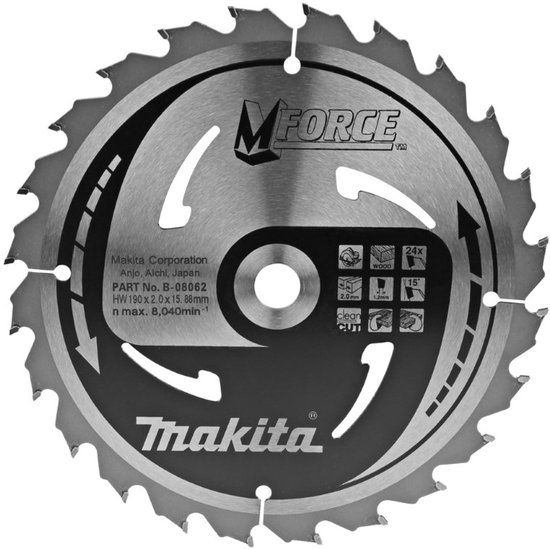 Makita Accessoires Makita Cirkelzaagblad voor Hout | Mforce | Ø 190mm Asgat 15,88mm 24T - B-08062