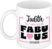 Bellatio Decorations Naam mok Judith - wit - Fabulous - keramiek - 300 ml - cadeau collega beker - cadeau