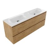Saniclass Holz Pure meuble de salle de bain - 160x45x61.5cm - lavabo Flow solid surface blanc - 2 lavabos - sans trous de robinetterie - 4 tiroirs - chêne mat naturel (bois) SW1420795/SW1441150