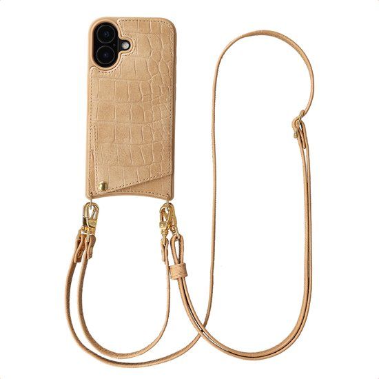 Selencia Hoesje - Geschikt voor Apple iPhone 16 - Croco Backcover met koord en pashouder - Toasted Almond