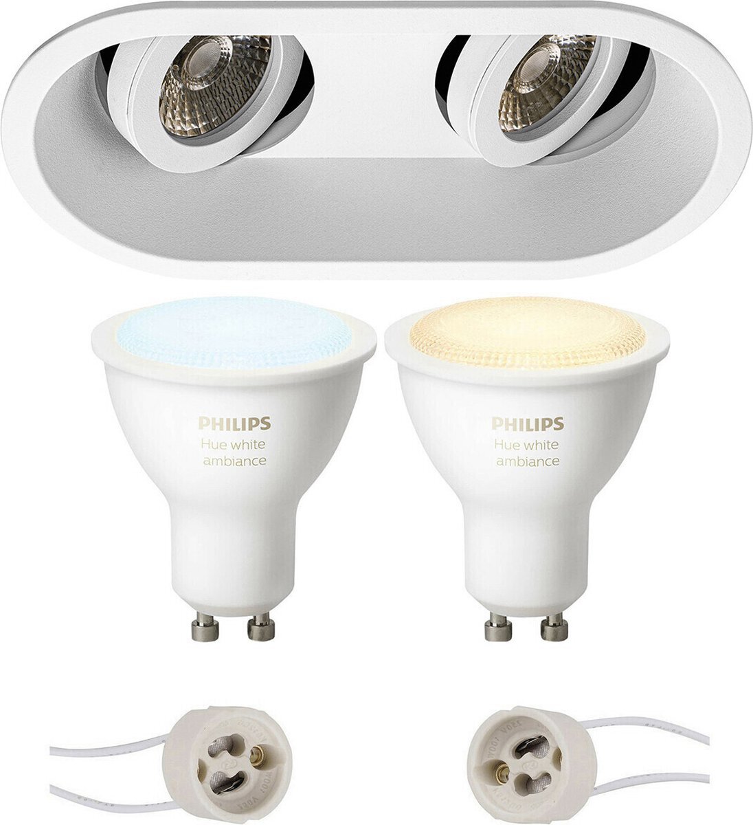 Qualu Proma Zano Pro - Inbouw Ovaal Dubbel - Mat Wit - Kantelbaar - 185x93mm - Philips Hue - LED Spot Set GU10 - White Ambiance - Bluetooth
