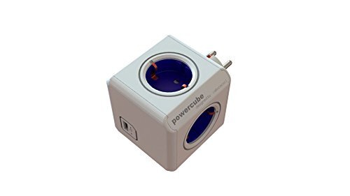 Allocacoc PowerCube Original USB meervoudige stekkerdoos met 4 stopcontacten 230 V en een USB-aansluiting in kubusvorm (wit/blauw)