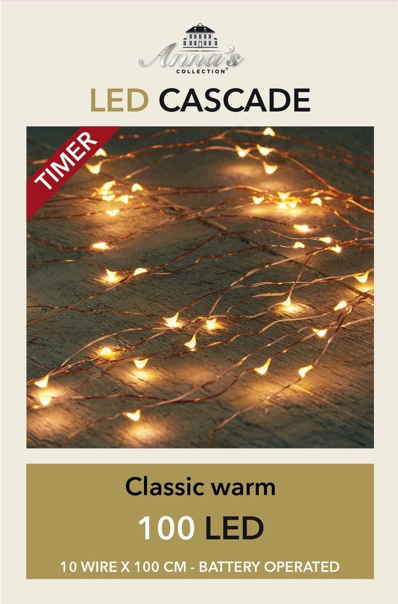 Anna's Collection Cascade draadverlichting lichtsnoer met 100 lampjes classic warm wit met 10 lichtdraden - op batterijen - kerstverlichting