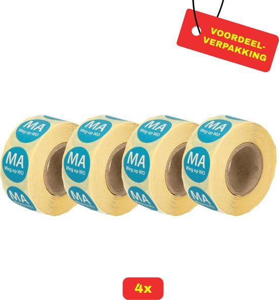 4X Afwasbare Etiketten Rol "Maandag weg op woensdag" - Voordeelverpakking!