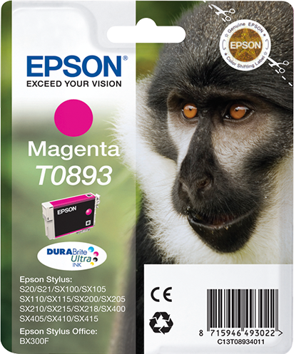 Epson Monkey Singlepack Magenta T0893 DURABrite Ultra Ink single pack / magenta
