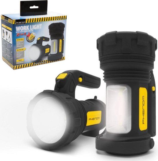 PHENOM - Zaklamp Verstraler - Grote Zaklantaarn - Dubbele LED lampen - 2 in 1 Werkplaats Zaklamp - Inclusief Batterijen