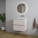 Saniclass Chaci Badkamermeubelset - 60x46x55cm - keramische wastafel wit - 1 wasbak - zonder kraangat - 2 lades - ronde spiegel met verlichting - mat cotton (beige)